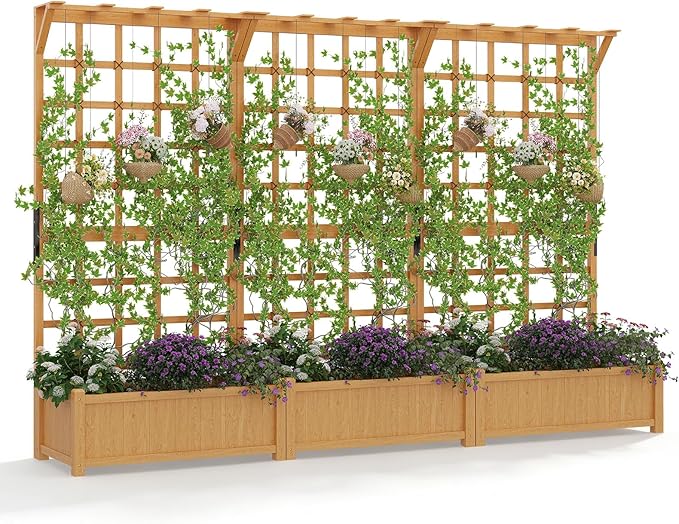 Aoxun 108 Raised Garden Bed with Trellis Wood Planter Container with Hanging Roof &amp Garden Boxes for Climbing Plants Flowers Vine (3 piece)