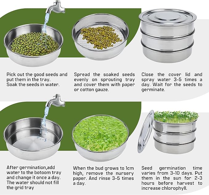 Stainless Steel Seed Sprouting Kit – Stainless Steel Sprouting Tray Round 3-Tier Seed Gardening Planter for Microgreens Broccoli Sprouts Growing Kit Microgreens Tray Germination