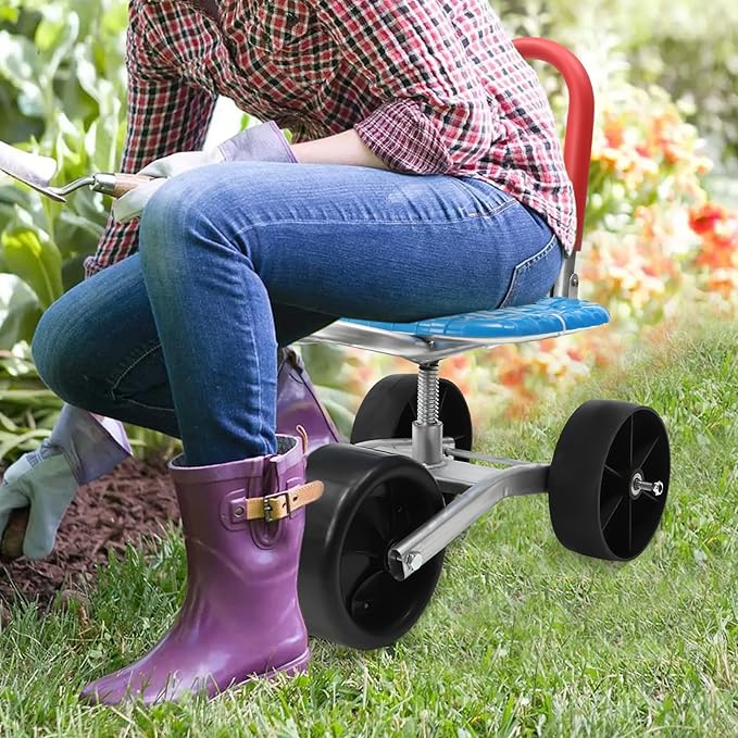 Garden Cart Rolling Stool with Wheels Workseat Sturdy Cart SeatOutdoor Outdoor Gardening Helper Lawn Yard Patio Wagon Scooter for Planting Adjustable Height&amp360 Degree Swivel Seat Black