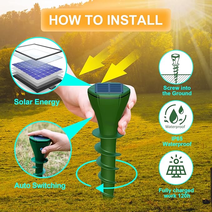 Mole Repellent Solar Powered 4 Pack IP65 Waterproof Mole Vole Repellent for Yard Gopher Groundhog Deterrent for LawnUltrasonic Repellent OutdoorKeeps Snakes Lizard Groundhog Skunk Out of Yard