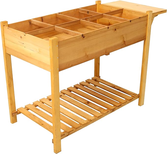8 Pockets Horticulture Raised Garden Bed Elevated Wood Planter Box Stand with Foldable Side Table and Storage Shelf for HerbVegetablesFlowers