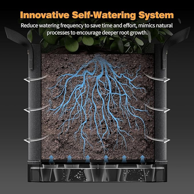 Self-Watering Grow Bags 5-Pack 3 Gallon 420G Thick Nonwoven Fabric Pots with Reinforced Handles and Multi-Purpose Rings for Low Stress Plant Training Fruits Vegetablesand Flowers