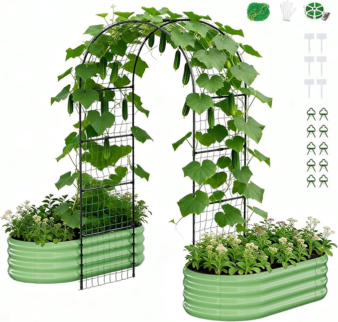 DoCred 3 in 1 Raised Garden Bed with 87in Tall Arch Trellis for Climbing Plants Galvanized Planter Garden Box Outdoor for Gardening Climbing Vegetables Flower Green