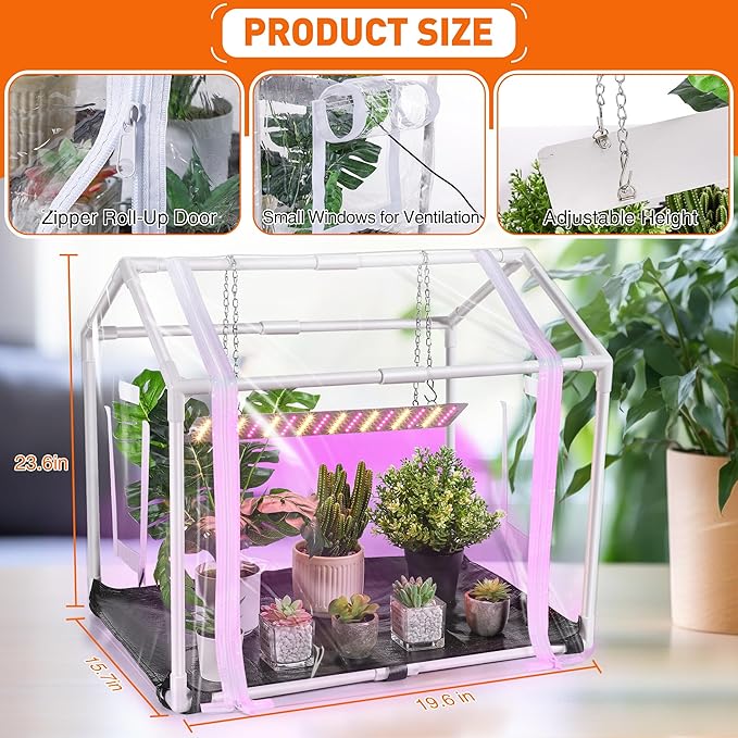 Meonum Mini Greenhouse with Grow Light 23.6 L x 15.7 W x 19.6 H Portable Greenhouse with Waterproof Bottom Mat Timer 3 Light Color Mode for Indoor Outdoor Seed Starter Tray (Mini House Shape)