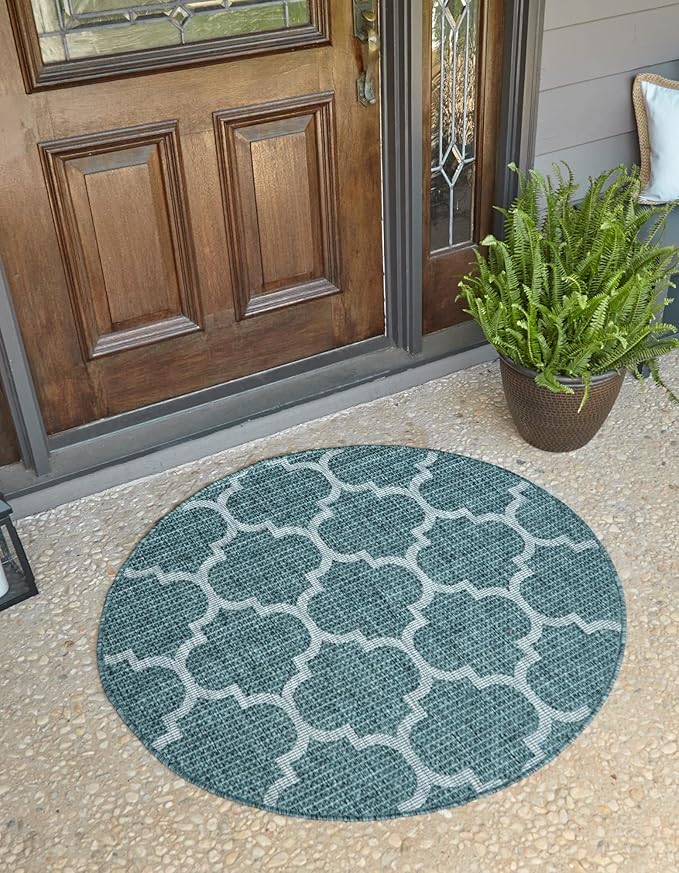 Unique Loom Outdoor Trellis Collection Area Rug (3' 3 Round Teal/ Gray)
