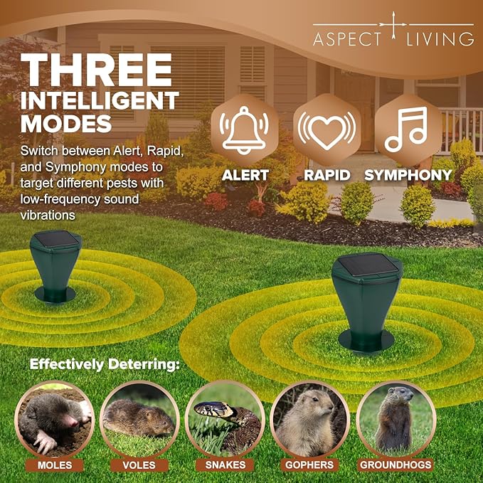 4 Pack Solar Powered Mole Repellent Ultrasonic Snake Repellent Outdoor IP65 Waterproof Gopher Vole Deterrent Rats Squirrels Groundhog Repeller for Yard Garden Lawn Safe for Kids and Pets