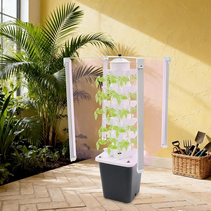Hydroponic Tower Garden 30-Pod Indoor Gardening System w/ 4 Full-Spectrum LED Grow Lights 10L Auto Irrigation Water Tank Vertical Planter for Herbs Lettuce &amp Strawberries (Black)