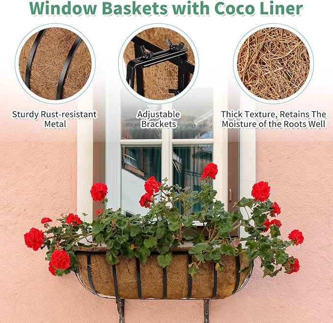 Tessco for you 3 Pieces Railing Planter Boxes 24 Inches Window Box Planters with Coco Liner and Adjustable Brackets for Deck Porch Fence Patio Balcony Gardening Outdoor Plants