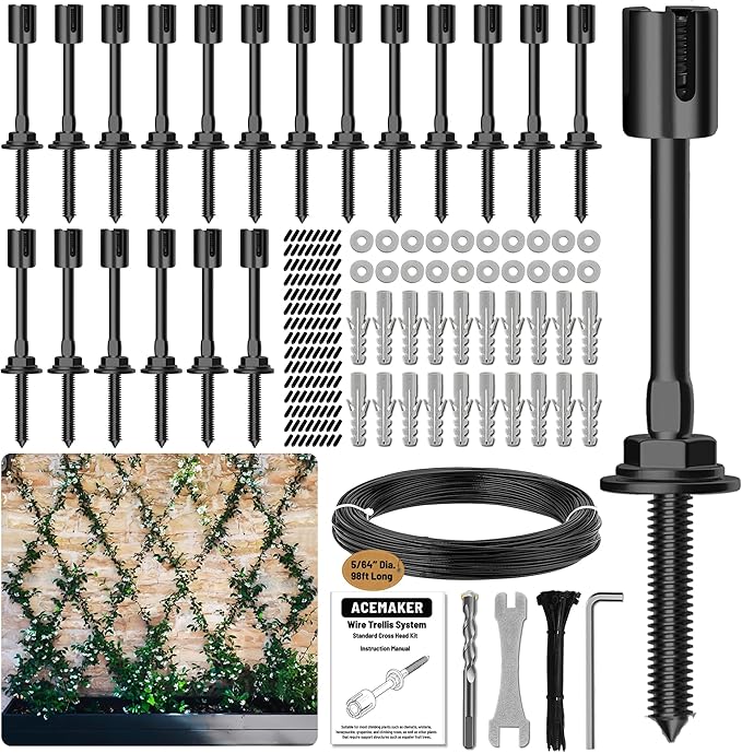 20-Set Black 5/64 (2mm) Wire Trellis for Climbing Plants Outdoor with 98ft Vinyl Coated Cable T316 Stainless Steel Wall Wire Trellis Kit