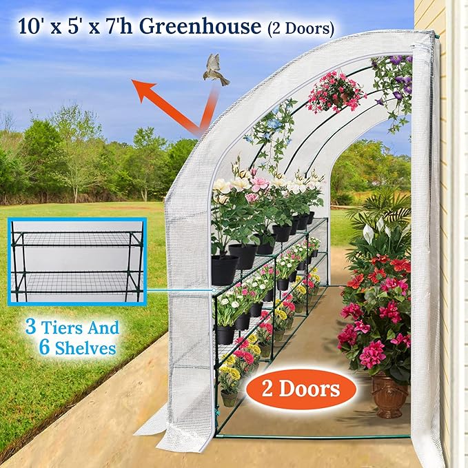 BenefitUSA New Large Walk-in Wall Greenhouse 10x5x7'H w 3 Tiers/6 Shelves Gardening (White (2 Door))