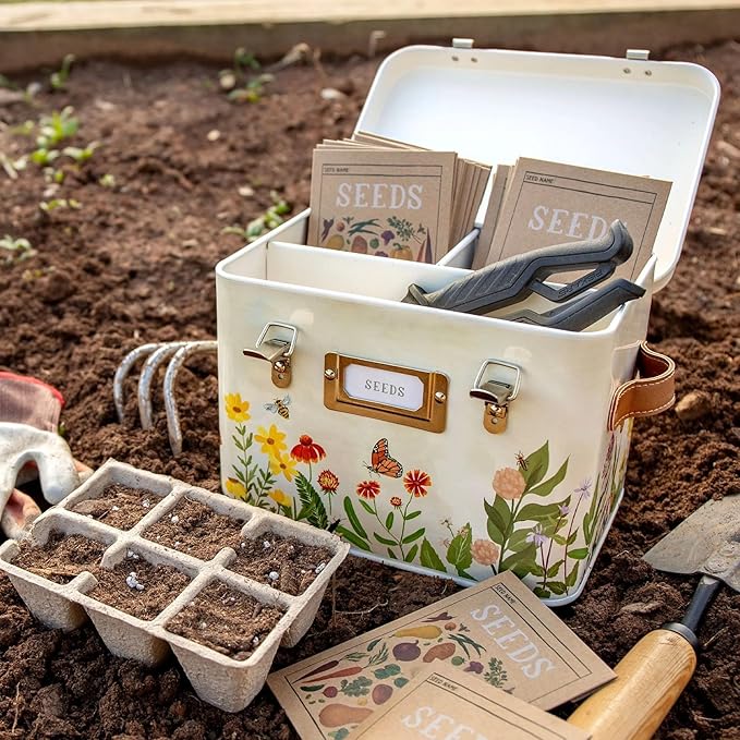 1Canoe2 Wildflower Botanicals Tin Seed Organizer Storage Box Garden Seed Packet Vault Container Gardening Supplies Greenhouse Accessories Gardening Gifts for Women