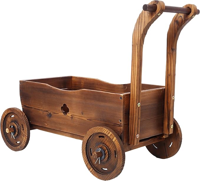 Wooden Wagon Planter Box Mobile Garden Planter with 4 Wheels Handle Drain Hole Decorative Flower Planter for Indoor Outdoor Decor Wooden Flower Cart for Patio Garden Balcony Brown