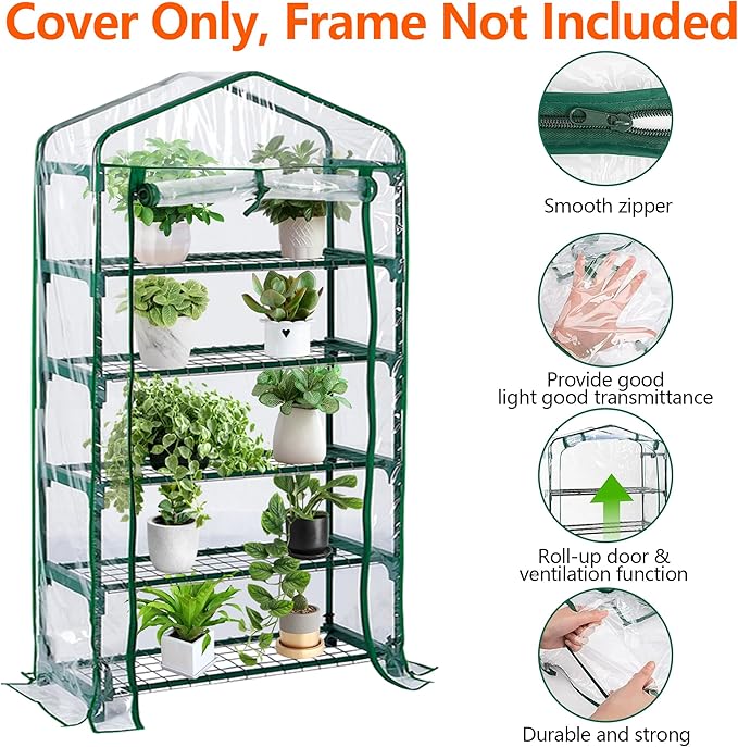 DECOHS Extra Wide 5 Tier Greenhouse Replacement Cover- 75 x 40 x 19 Inch Clear PVC Plant Gardening Greenhouse Cover with Roll-Up Zipper Door for Gardening Plants Flowers (Frame Not Include)