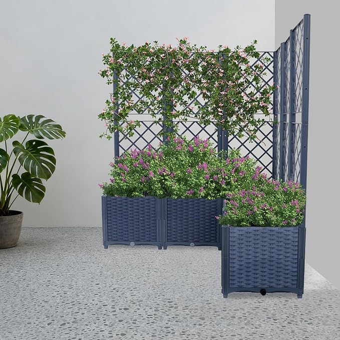 5Pcs Plastic Planter Box with Trellis 55.9 Inch Height Raised Garden Bed with Trellis Privacy Screen Planter for Climbing Plant Outdoor Planter Boxes for Backyard Patio Balcony (Blue)
