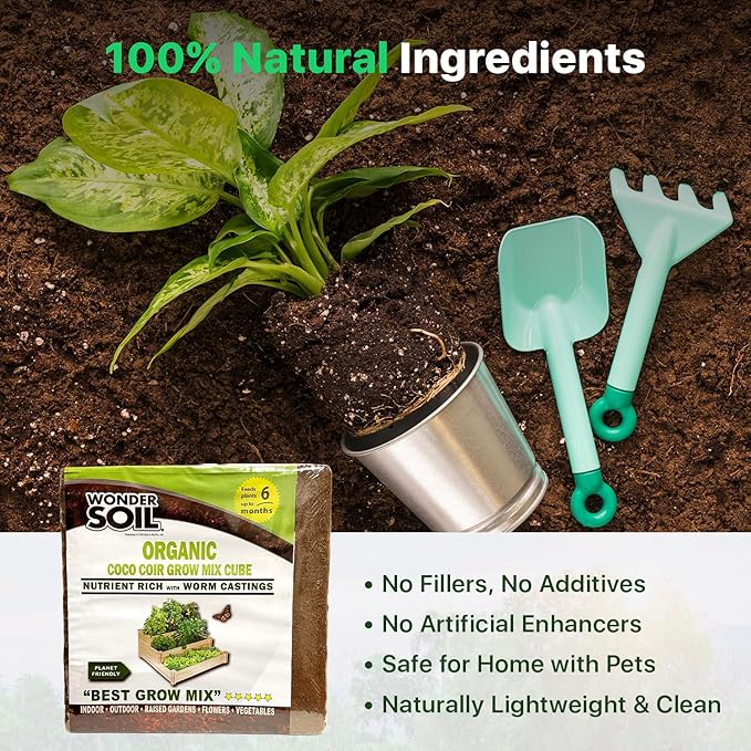 WONDER SOIL | (72 Quarts) The Only Ready to Plant Compressed Coco Coir Fully Loaded with Nutrients | Organic Coco Coir Brick/Block | 10 LBS Block Expands to 72 Quarts | Incl Worm Castings &amp Nutrie
