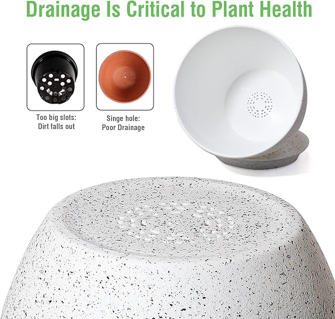 12/10/9 Large Modern Plant Pots Plastic Planters with Drainage Holes and Saucers for Indoor Outdoor Plants Flowers White Speckles