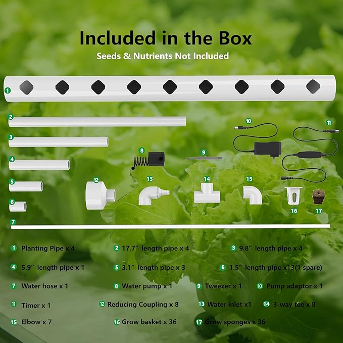 NFT Hydroponic Growing System Kit - 36 Plant Sites | Food-Grade PVC-U Pipes | Indoor/Outdoor Gardening with Auto Water Pump &amp Timer | Ideal for Leafy Greens Lettuce &amp Herbs