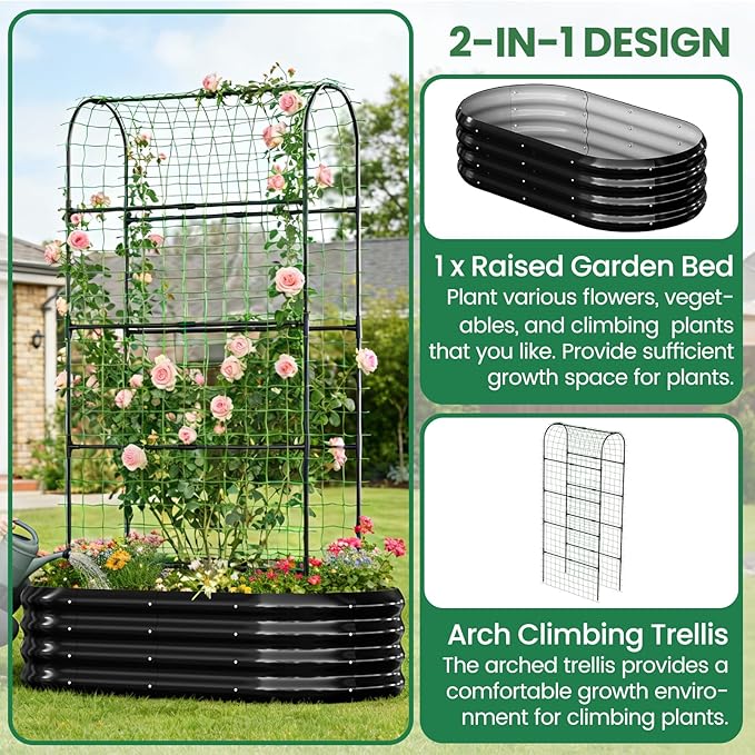 SUNYRISY 2Pack Galvanized Raised Garden Bed with 71in Arch Trellis for Climbing Plants Outdoor Planter Box with Climbing Net for Gardening Flowers Vegetables Fruits Herbs Black