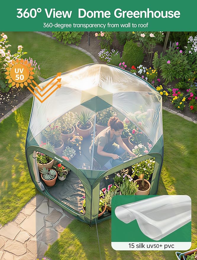 Porayhut Pop up Greenhouse TentPortable Large Walk-in Plant House 10’X10’ Indoor Outdoor Gardening Plant Sunshine Room with PVC Mesh Cloth Cover for Protecting Plant from Cold Frost &amp Birds