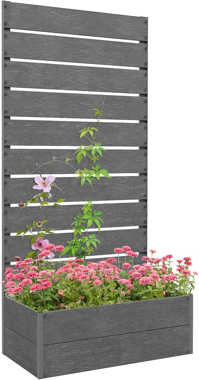 Vertical Garden Planter with Built-in Trellis 28.25”H Raised Bed for Climbing Plants Freestanding Planter Box with Drainage for Patio Deck Balcony Gray