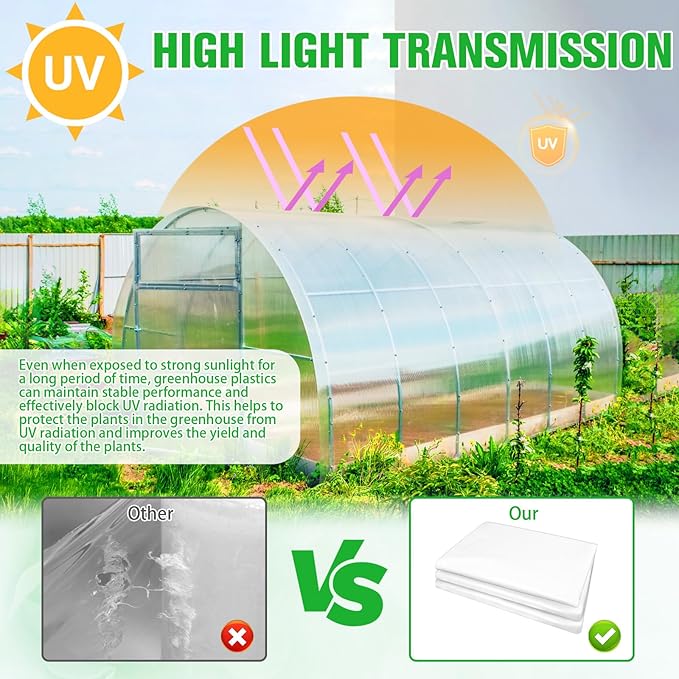 Greenhouse Plastic Film 6 Mil Thickness Greenhouse Plastic Sheeting Clear Polyethylene Film UV Resistant for Gardening Farming Agriculture (10 x 32 FT)