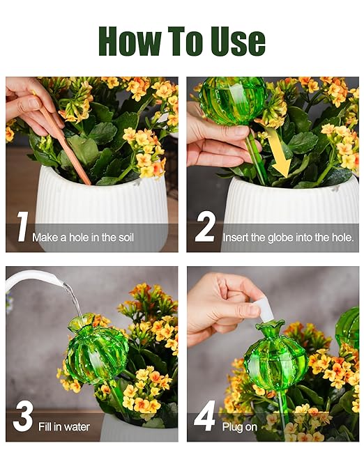 NiHome Plant Watering Globes 4-Pack (2 Small + 2 Large) Green Glass Cactus Self Watering Globe Glass Waterer for Potted Plants Automatic Mini Irrigation System Adorable Gardening Tool