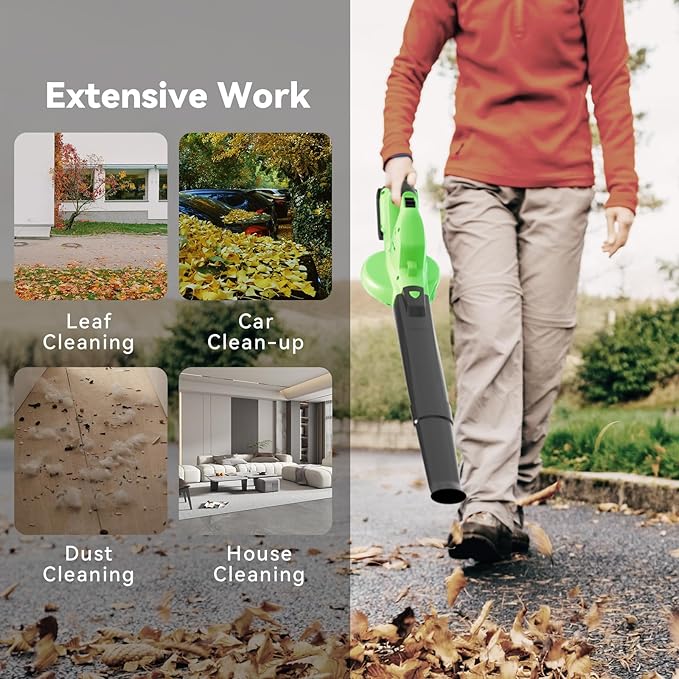 Leaf Blower Cordless with 4.0Ah Battery and Charger 135MPH 170CFM High Speed Snow Blower with 2 Tube 20V Electric Leaf Cleaner Lightweight Handheld Small Blower for Car Garden House Depot Green