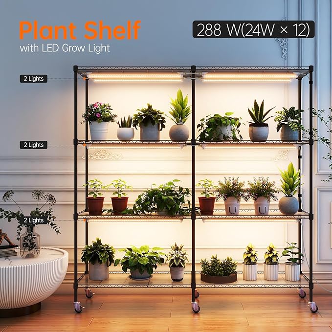 Bstrip Plant Shelf with Grow Light 4-Tier Large Grow Light Shelf with Wheels Stainless Steel 12-Pack 288W T8 Full Spectrum Grow Lights for Seed Starting(57.4 L x 13.8 W x 59 H)