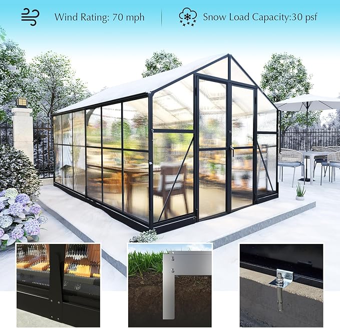AMERLIFE 8x12x7FT Polycarbonate Greenhouse Walk in Greenhouse with Quick-Connect System Green House with 4 Vent Windows and Swing Lockable Door Greenhouses for Outdoors Sunroom Black