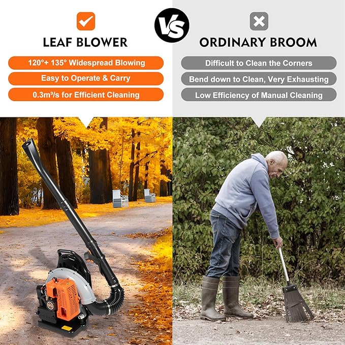 63CC Backpack Gas Powered Leaf BlowerCommercial 2-Stroke 2.7kW 850CFM 4.3HP Gasoline Grass Lawn Blower Leaf Blower Powerful Clearing Performance Ergonomic Harness Gas for Lawn Care Yard Snow Blowing