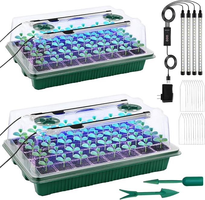 2 Packs Starter Tray with Grow Light 80 Cells Seed Starter Kits with Humidity Dome and Base Plant Germination Seedling Starter Kit with Smart Timer for Indoor Greenhouse Wheatgrass Hydroponic