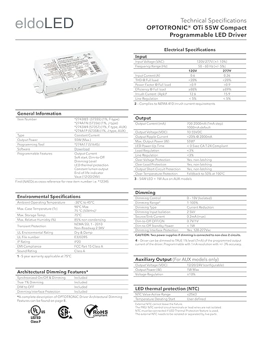 eldoLED | *274A1P Oti55W/120-277/2A0/DIM-1/J AUX | LED Driver | Replacement for 57358 Osram