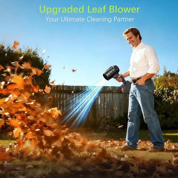 Leaf Blower with 21V*2 Pcs Batteries 950000RPM Powerful Fan High Variable Speed 200 MPH Handheld Air Blower Perfect for Car Drying Patio Cleaning Lawn Caring Leaves Blowing (Black)