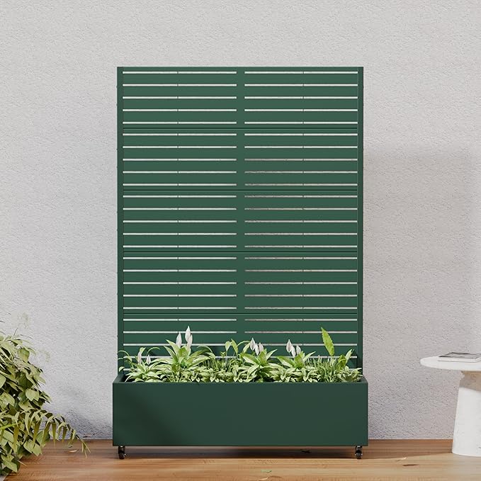 Casaphoria Metal Raised Garden Bed with Trellis and Wheels 72x47x16 Planter Box for Climbing Plants Vegetables &amp Vines Features Drainage Holes and Privacy Screen Drak Green-Louvered