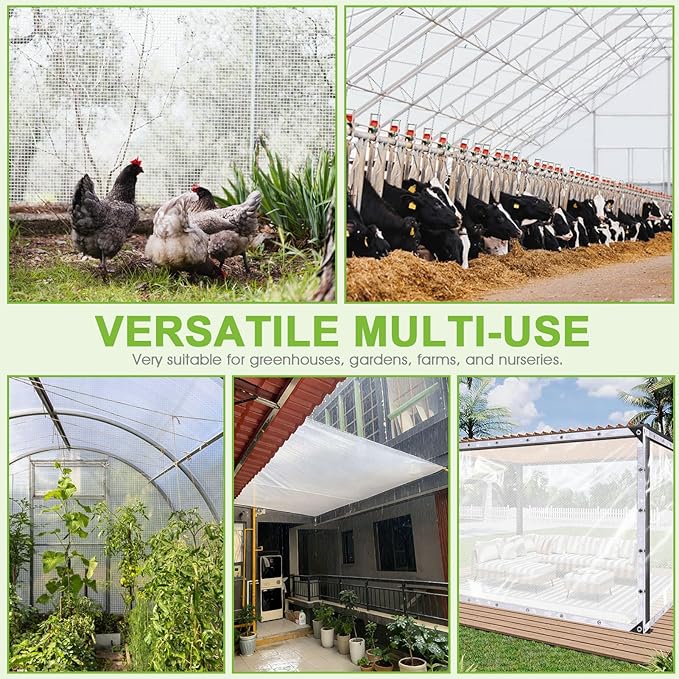 16 Mil Clear Plastic Tarps Heavy Duty Waterproof 20x30 FTGreen House Plastic Covering SheetingUV Resistant Greenhouse Cover Clear Tarp with Grommets for GardenFarmsNurseryChicken Coop Winter Wrap