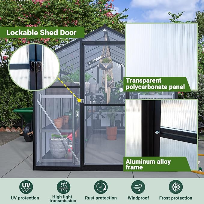 6x12 FT Walk-in Greenhouse Kit with Polycarbonate Panels &amp Aluminum Frame Green Houses for Outside with 2 Vents Greenhouses for Outdoors with Lockable Door Backyard Discovery Greenhouse (Black)
