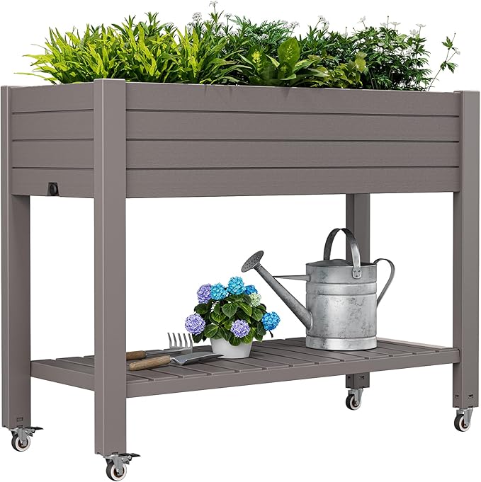 Raised Garden Bed with Wheels Divisible Resin Planter Box with Drainage Gauge &amp Storage Shelf Herb Planter for Garden Patio Backyard Gray (33.7 h)