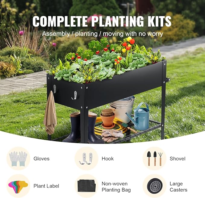 VEVOR Raised Planter Box with Legs and Wheels Larger Size 43.3x19.5x31.5 Outdoor Elevated Garden Bed On Wheel Metal Planting Boxes for Growing Flowers/Vegetables/Herbs in Backyard/Garden/Balcony