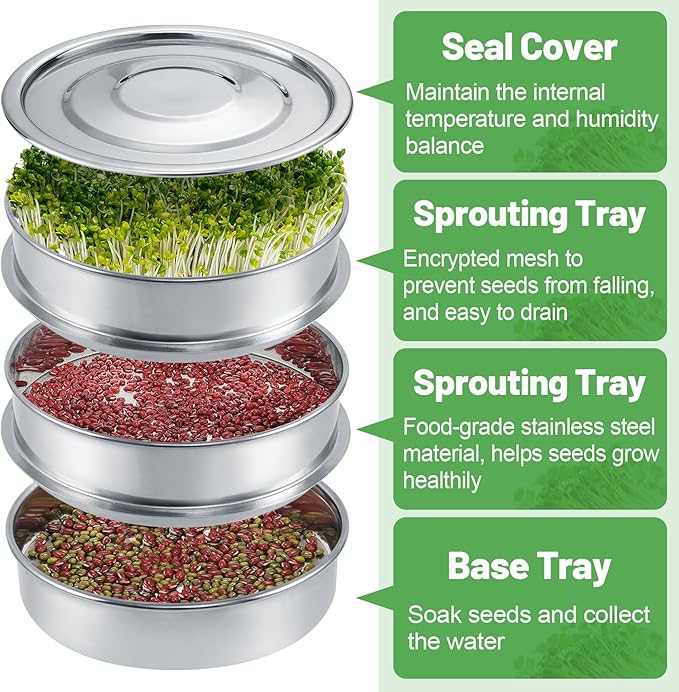 Aulock Stainless Steel Seed Sprouting Kit - 3-Tier Microgreens Growing Tray 7.9 in Dia Stackable Round Sprouter Maker with Encrypted Mesh Sprouts Grower for Beans Broccoli Alfalfa Seeds Wheat Grass