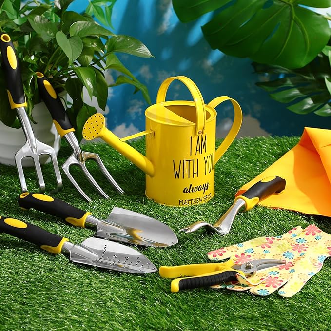 9 Pcs Garden Tools Set Gardening Gifts for Women Include 6 Heavy Duty Garden Hand Tools 1. 6L Christian Galvanized Metal Watering Can Apron Gloves Ideal Gifts for Women Mom Grandma(Yellow)