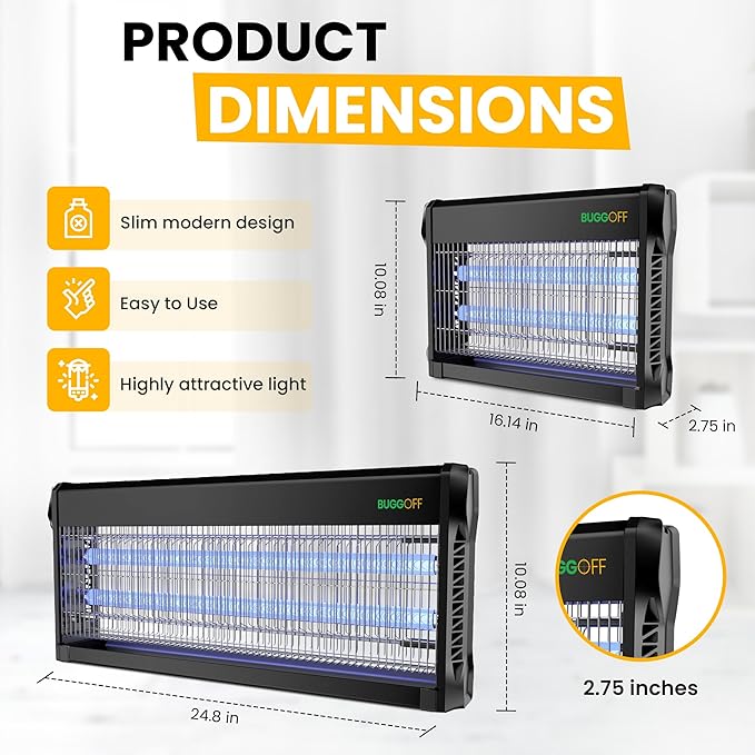 BUGGOFF Black Modern Indoor Electric Bug Zapper 800 SQFT Coverage 3500 Volts of Stunning Power 20 Watts Kills Mosquitos Gnats Flys &amp More. 5 Year Warranty X2 Free Replacment Bulb (4 Pack)