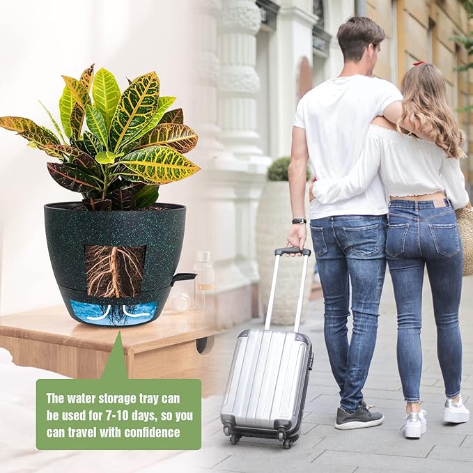 Large Self Watering Pots 12/10/9 Plastic Planters with High Drainage Holes and Deep Reservoir for Indoor Outdoor Garden Plants and Flowers Black with Green Speckles