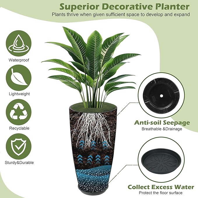 24-21-11 Inch Tall Planters Set of 3 Indoor Outdoor Blue Glossy Round Planter with Drainage Hole and Saucer Large Decorative Plant Pots for Home Garden Porch (Blue)