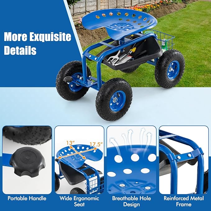 Goplus Garden Seat with Wheels Rolling Garden Cart with 360 Degree Swivel Seat for Planting Gardening Stool w/Tool Tray Basket Gardening Chair Workseat Patio Wagon Scooter for Seniors