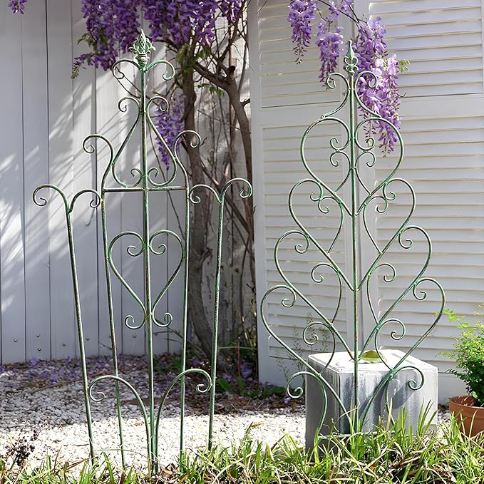 Metal Trellis for Outdoor Climbing Plants Green Antique-Style Vintage Garden Trellis Roses Vines Flowers(B)