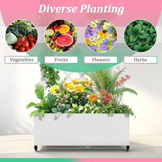 Metal Raised Garden Bed with Trellis for Climbing Plants Vegetable VinesMetal Planter Box with Trellis 73x35x16Trellis with Planter Box &amp Privacy ScreenRaised Garden Bed On Wheels(White)