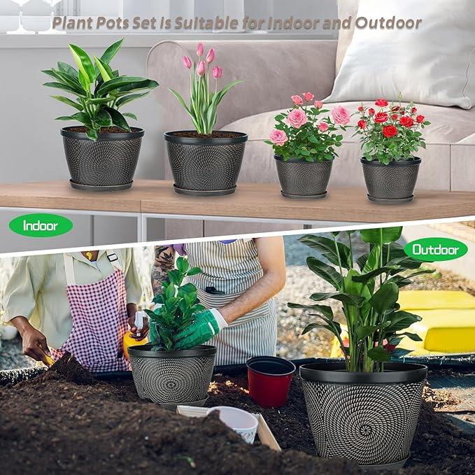 Quarut 4 Pack 8 Inch Flower Pots for Outdoor Indoor Plastic Plant Pots with Drainage Hole &amp Saucer Lightweight Small Flower Pot Circle Pattern Planters for Garden House planters（Brown）