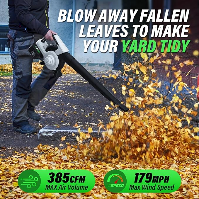 Cordless Leaf Blower &amp Vacuum SOYUS 3-in-1 Leaf Vacuum Mulcher 385CFM with Brushless Motor &amp 5 Speed Control Electric Leaf Blower for Lawn Care Included 45L Bag 2 x 20V 4.0Ah Battery and Ch