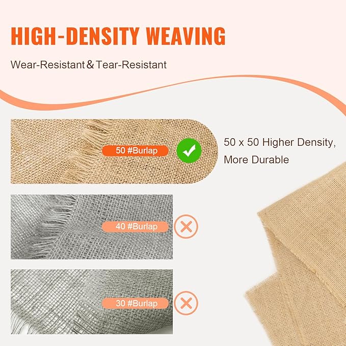 VEVOR Burlap Fabric Roll 40” x 300 ft &amp 45 x 45 High Density Wide Natural Burlap Fabric Rolls Jute Fabric Burlap Tree Wrap Roll for Decor Crafts Wedding Gardening Plant &amp Tree Winter Co