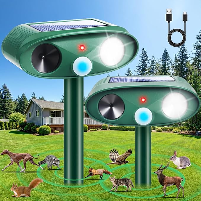 2Pack Solar Ultrasonic Animal Repellent Outdoor with Motion Detection&ampFlash LightUSB Rechargeable Waterproof Cat Repellent Outdoor Keep Deer Squirrel Rabbit Opossum Raccoon Away for Yard Garden L